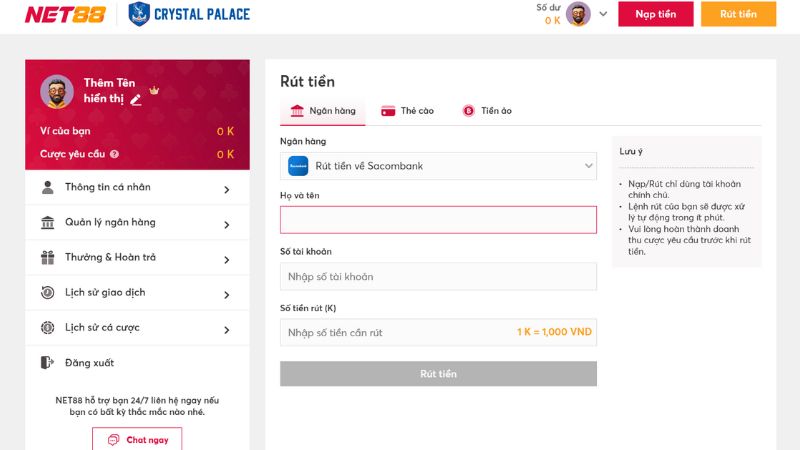 hướng dẫn rút tiền NET88