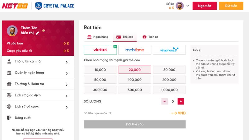 hướng dẫn rút tiền NET88