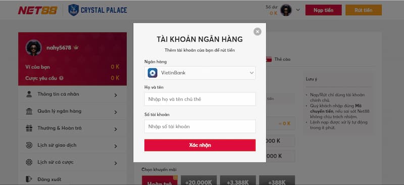 Nạp tiền vào tài khoản NET88